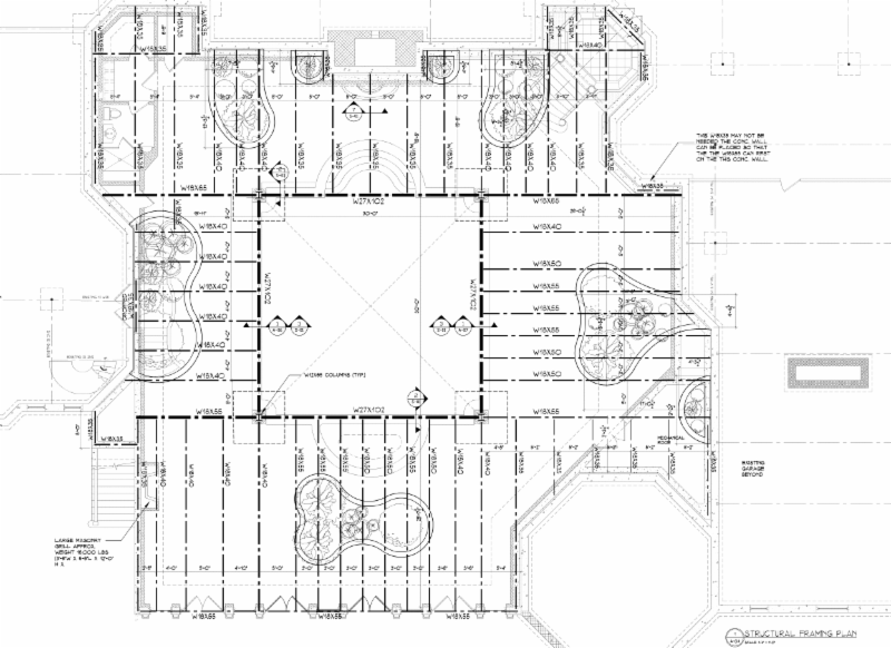 Sructural plans for lifting a massive glass pyramid 18 feet into the air over an indoor pool.